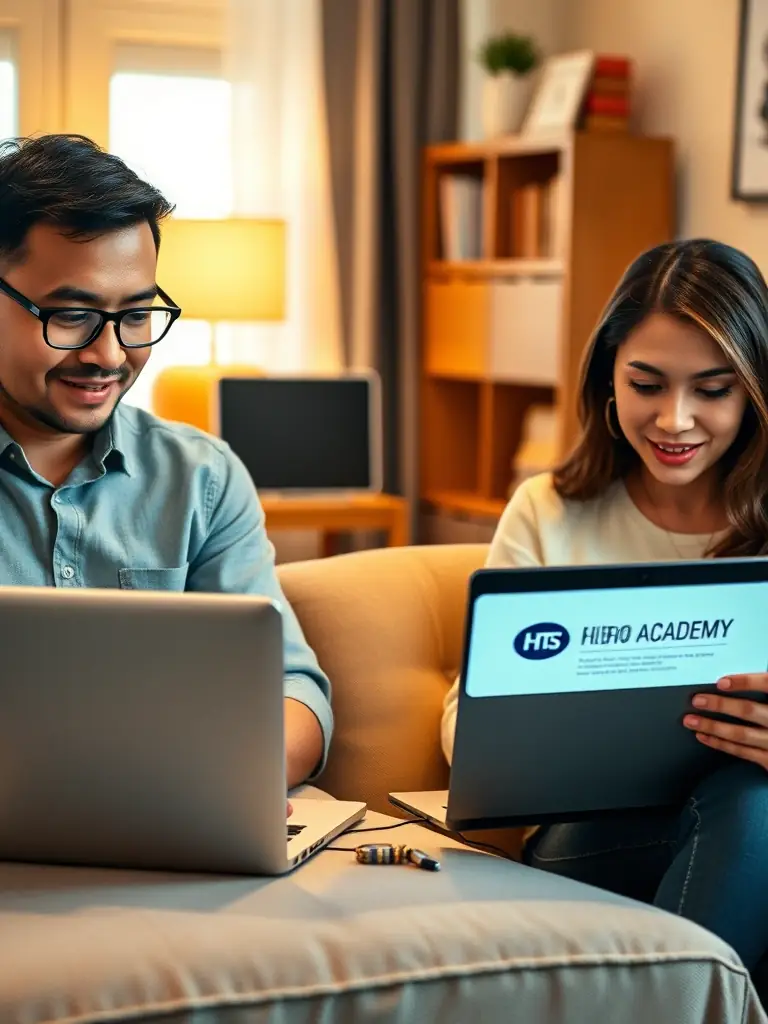 A flexible online learning environment with employees accessing HIERO ACADEMY's training modules on various devices, emphasizing the convenience and accessibility of the program.