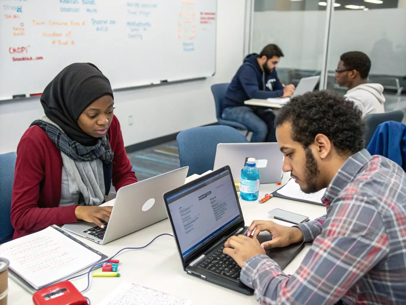 A diverse group of students collaboratively working on a cybersecurity project, showcasing hands-on learning and teamwork in a modern classroom setting.